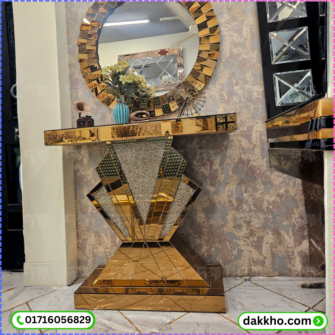 Modern Mirrored Entryway Table - Crushed Diamond Geometric Console