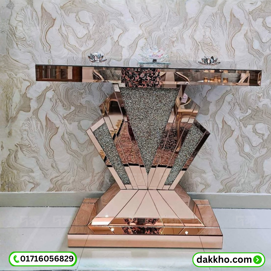 Modern Mirrored Entryway Table - Crushed Diamond Geometric Console